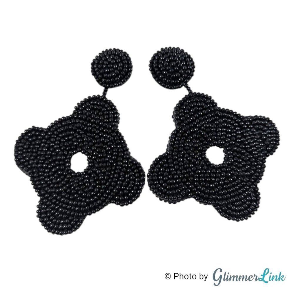 Kenneth Jay Lane KJL Black Seed Bead Fine Detail Gold Tone Pierced Earrings